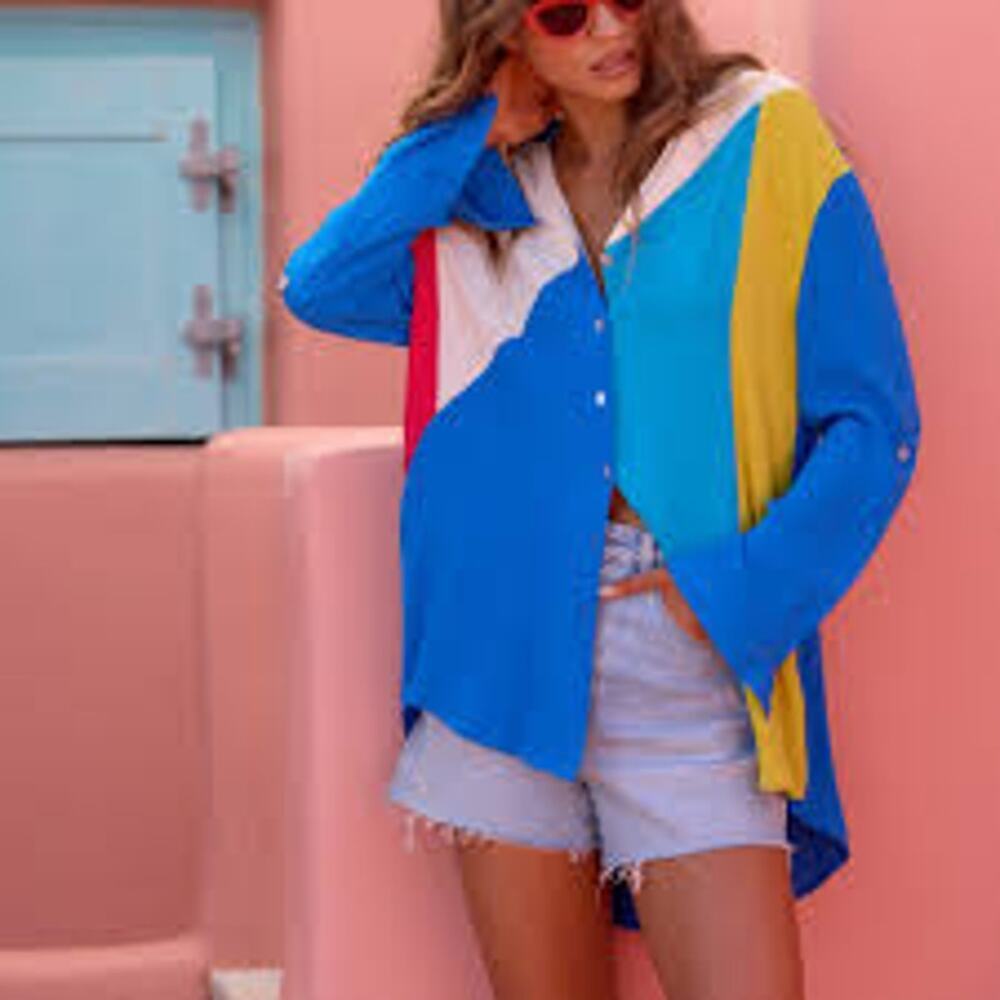 NWT Mister Zimi "Beach Shirt in Aegina" Blue White Yellow Button Down Top Small
